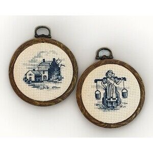 Vintage Dutch Cross Stitch Art Mini Framed Folk Scenes Blue Embroidery Set of 2